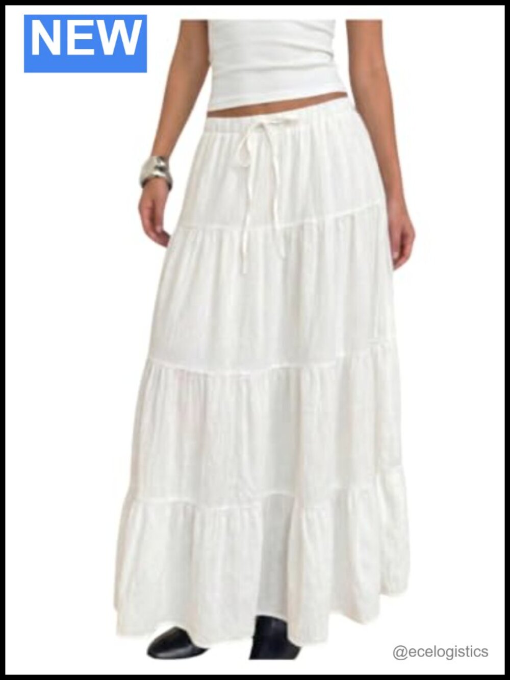 Ruffle Hem Maxi Skirt Elastic Drawstring Waist Flowy A-Line Summer